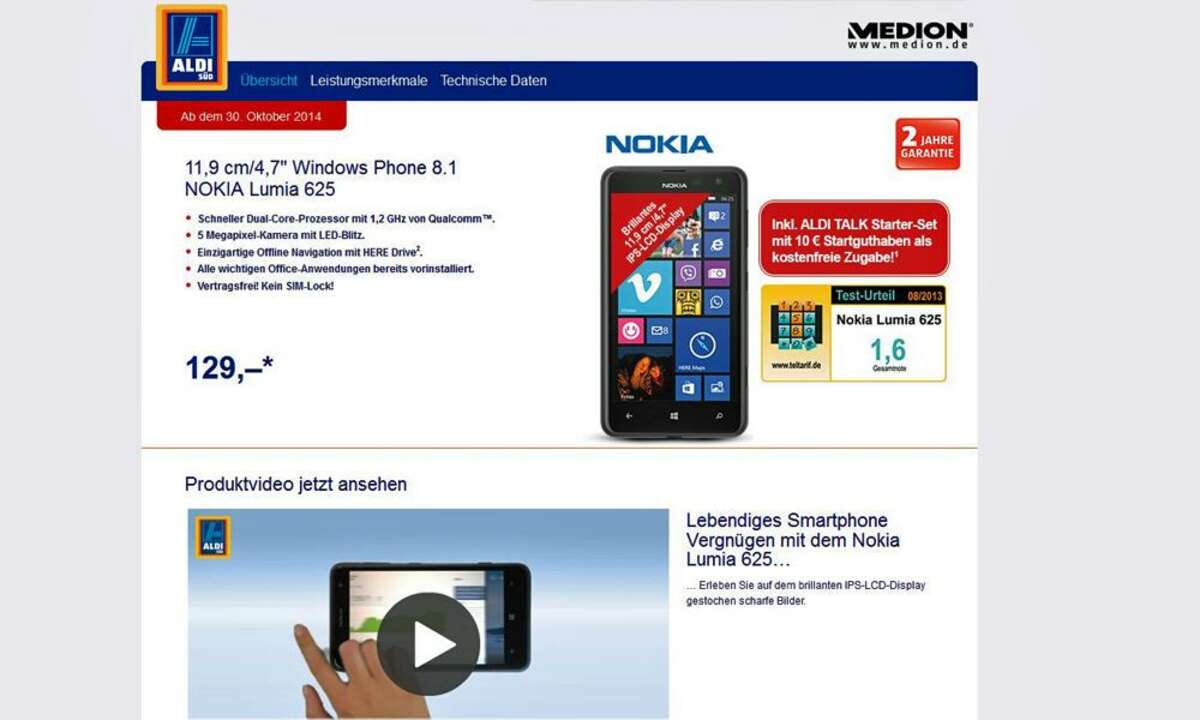 Nokia Lumia 625, Aldi Süd