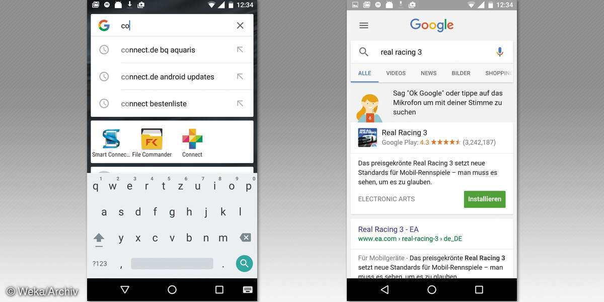 Screenshot: App direkt über die Google-Suchleiste finden
