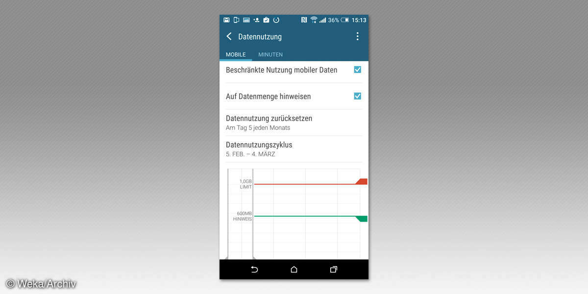 Screenshot: Grenzwerte für die mobile Datennutzung