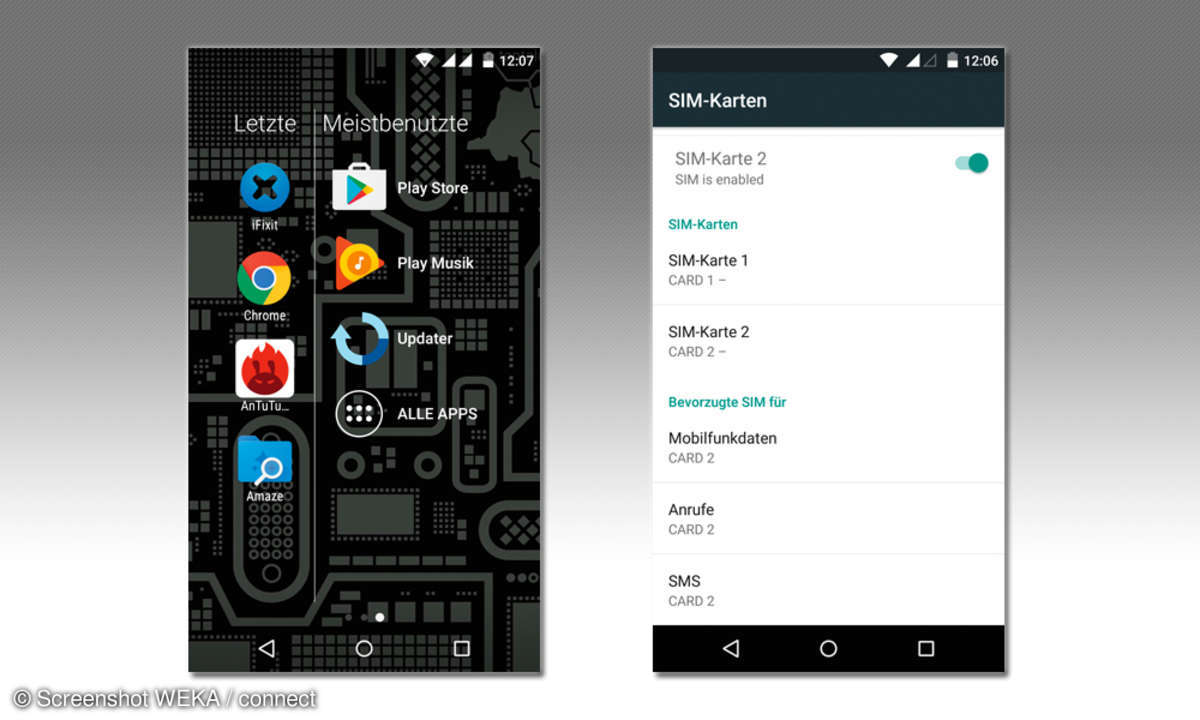 App Drawer und SIM-Karten Einstellungsmenü