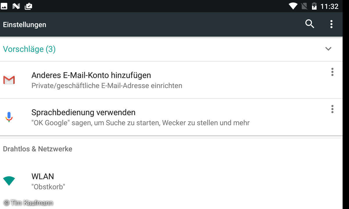 Screenshot: Vorschläge in den Einstellungen