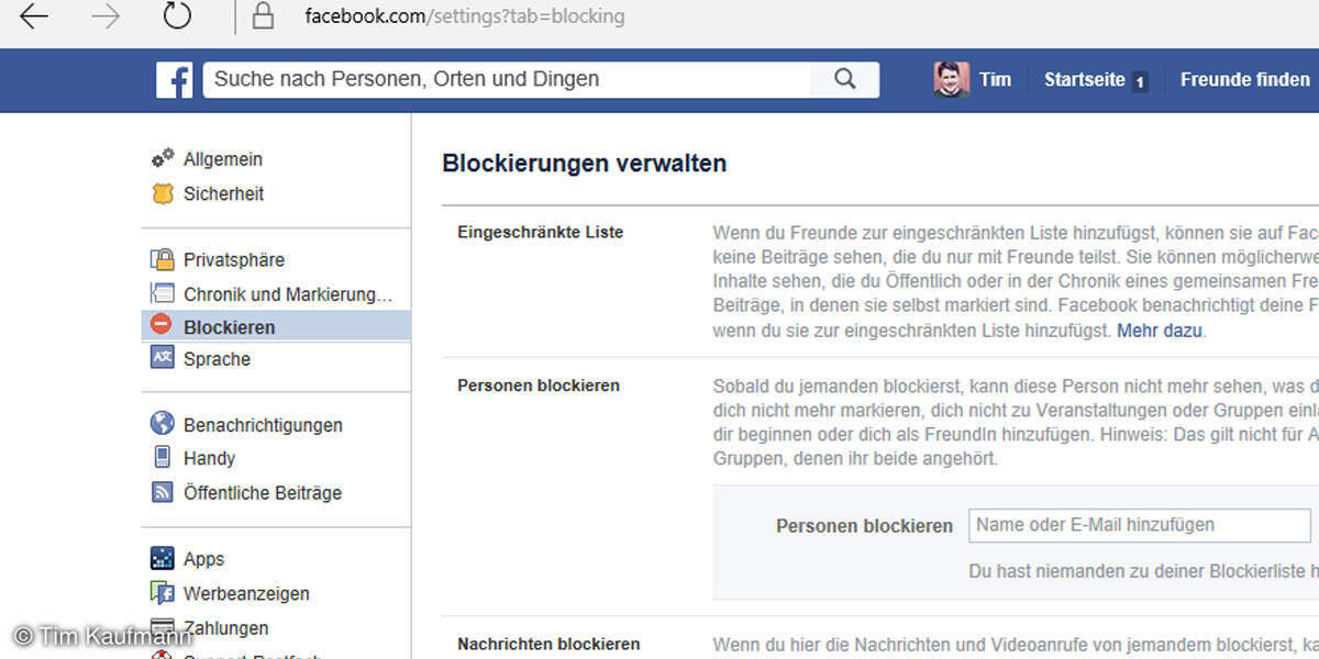 Screenshot: Blockierungen verwalten