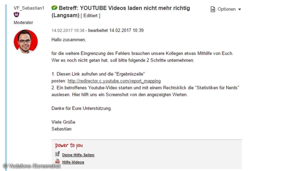 Forums-Support bei Vodafone wegen Youtube-Problemen