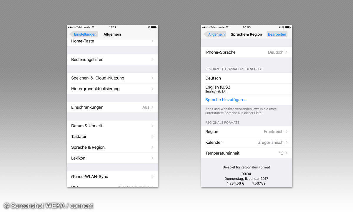 iPhone Einstellungen - Region auswählen