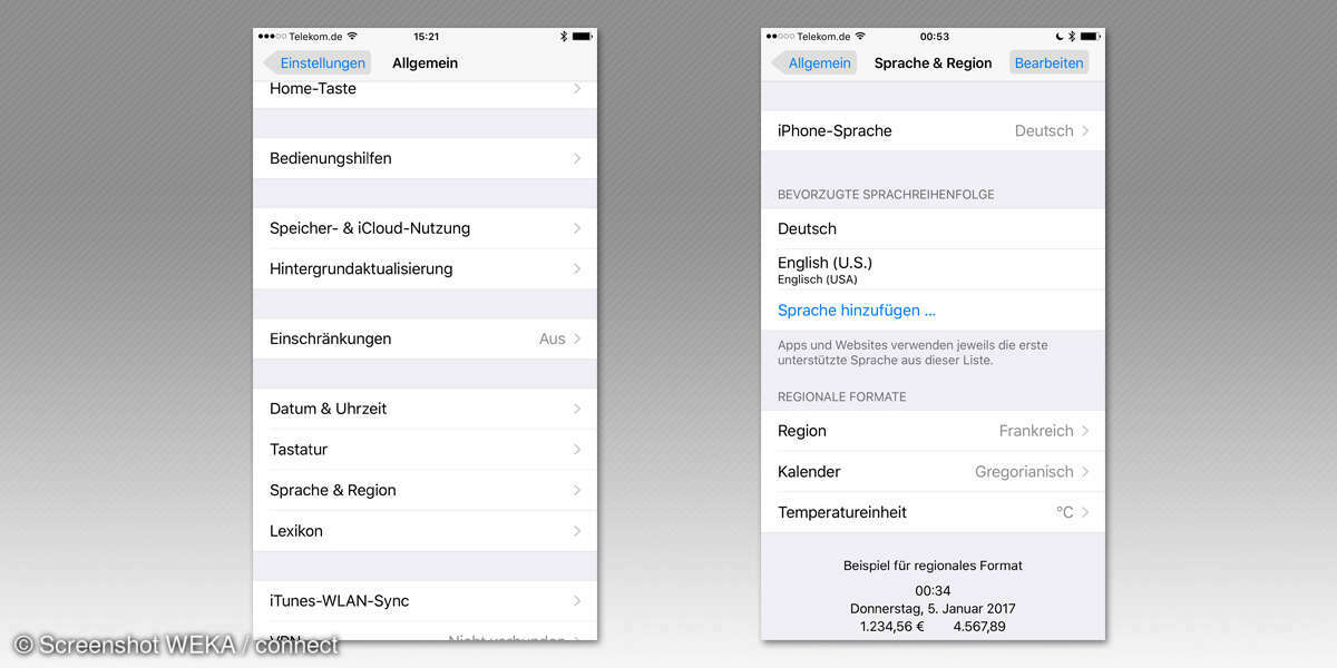 iPhone Einstellungen - Region auswählen