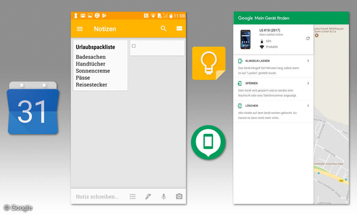 Google Kalender, Notizen & Find my Device