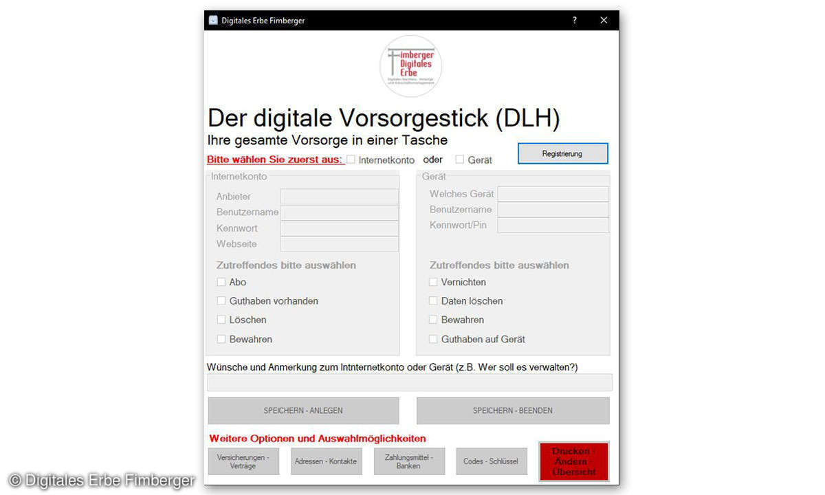Digitales Erbe Fimberger Stick Eingabemaske