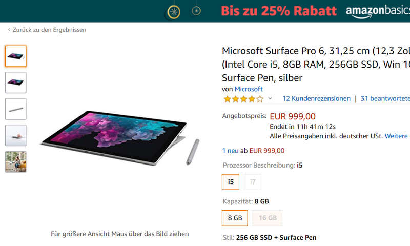 microsoft surface pro 6 mit 256 gb ssd und surface pen im angebot microsoft 12
