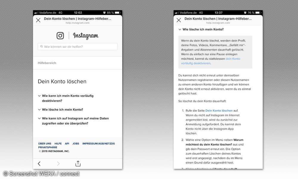 Instagram Account löschen über App connect