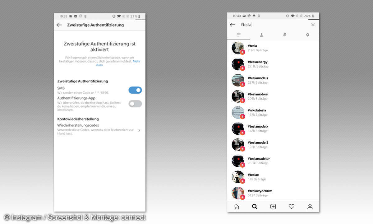Instagram - Zweistufige Authentifizierung und Hashtag-Suche