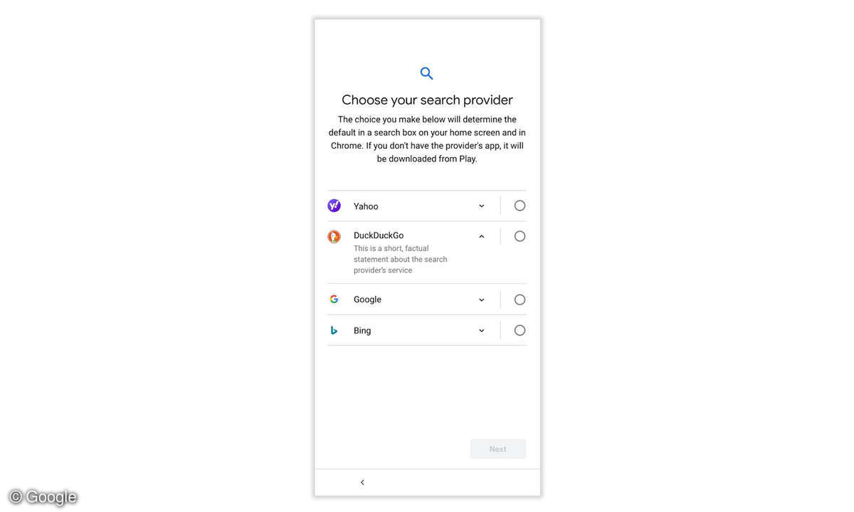 Android Suchmaschine Auswahl Bildschirm