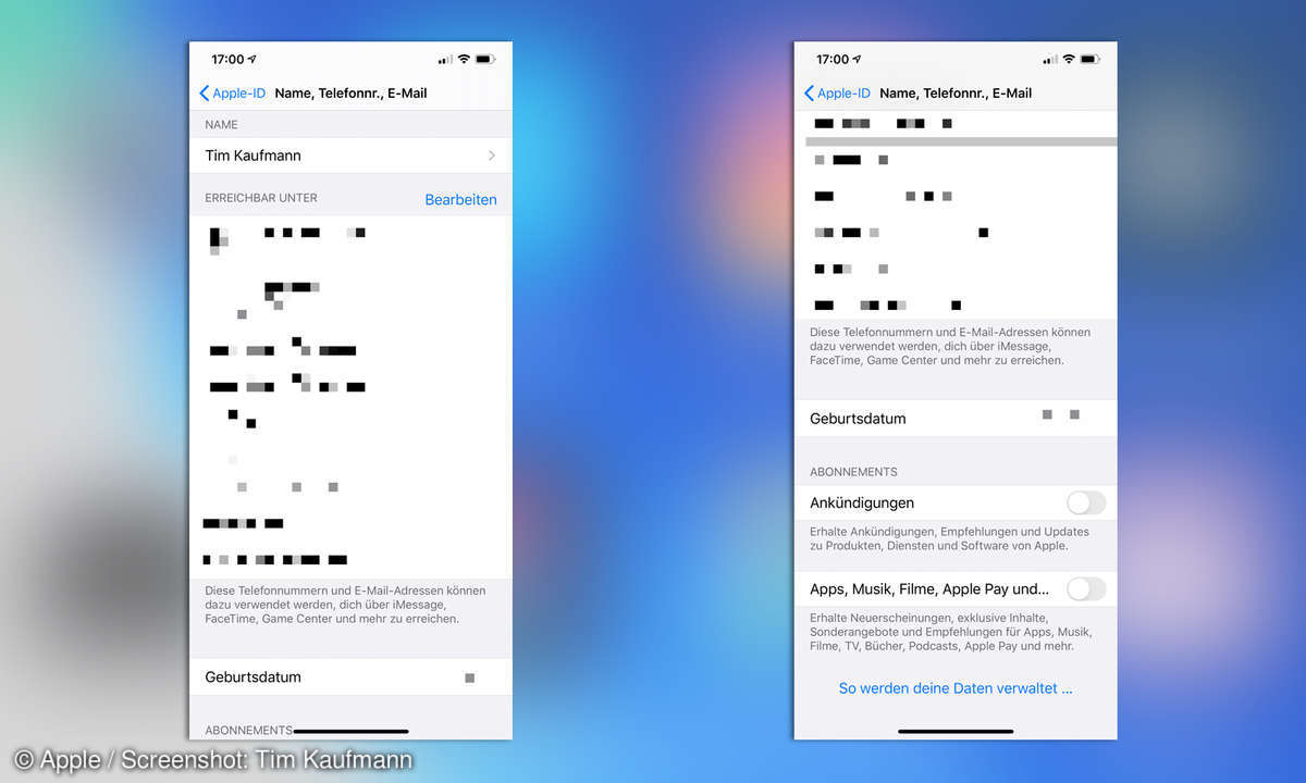 Name, Telefonnummern und E-Mail