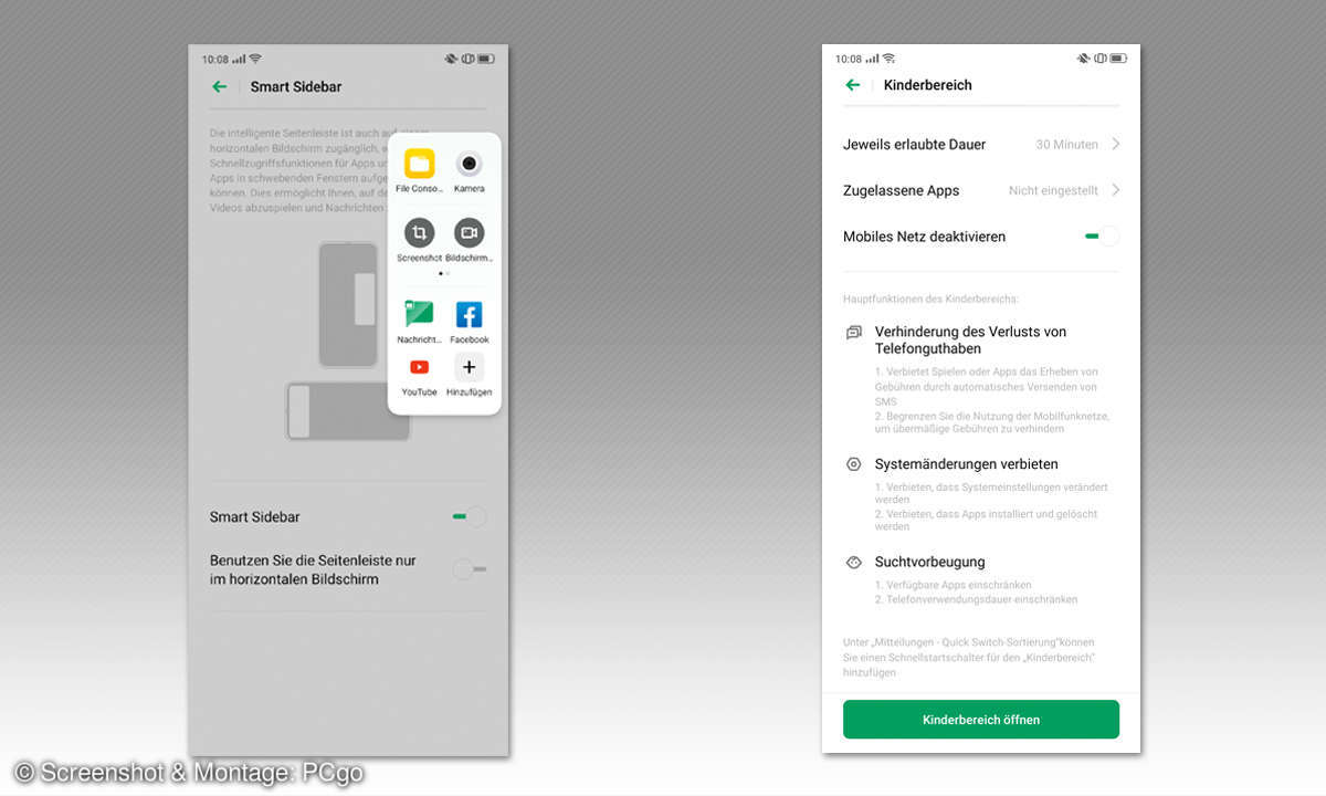 Oppo Reno 2 im Test - Sidebar und Kinderschutz - Screenshots
