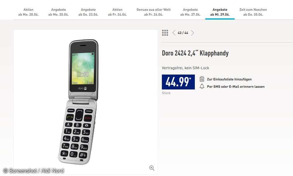 Aldi SeniorenSmartphone und Klapphandy Doro 2424 im Angebot connect