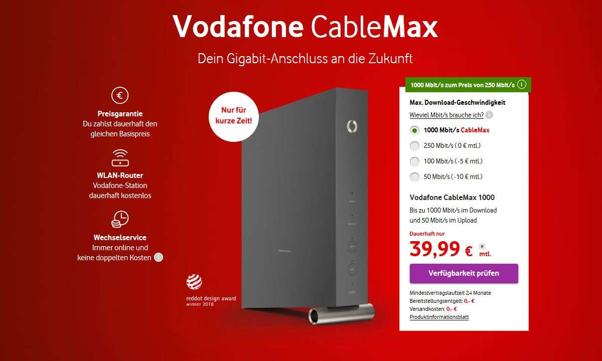 Vodafone Cablemax bietet bis zu 1 Gbit im Download für 40 Euro.