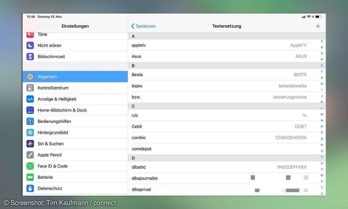 iPad einrichten: Tastatur-Kürzel