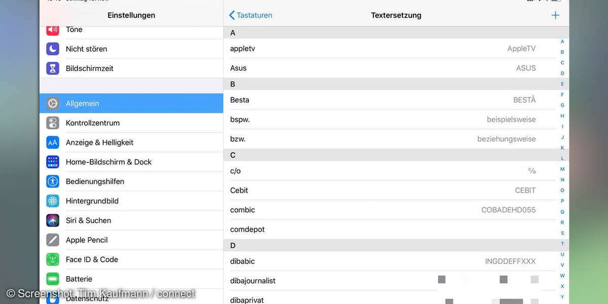 iPad einrichten: Tastatur-Kürzel