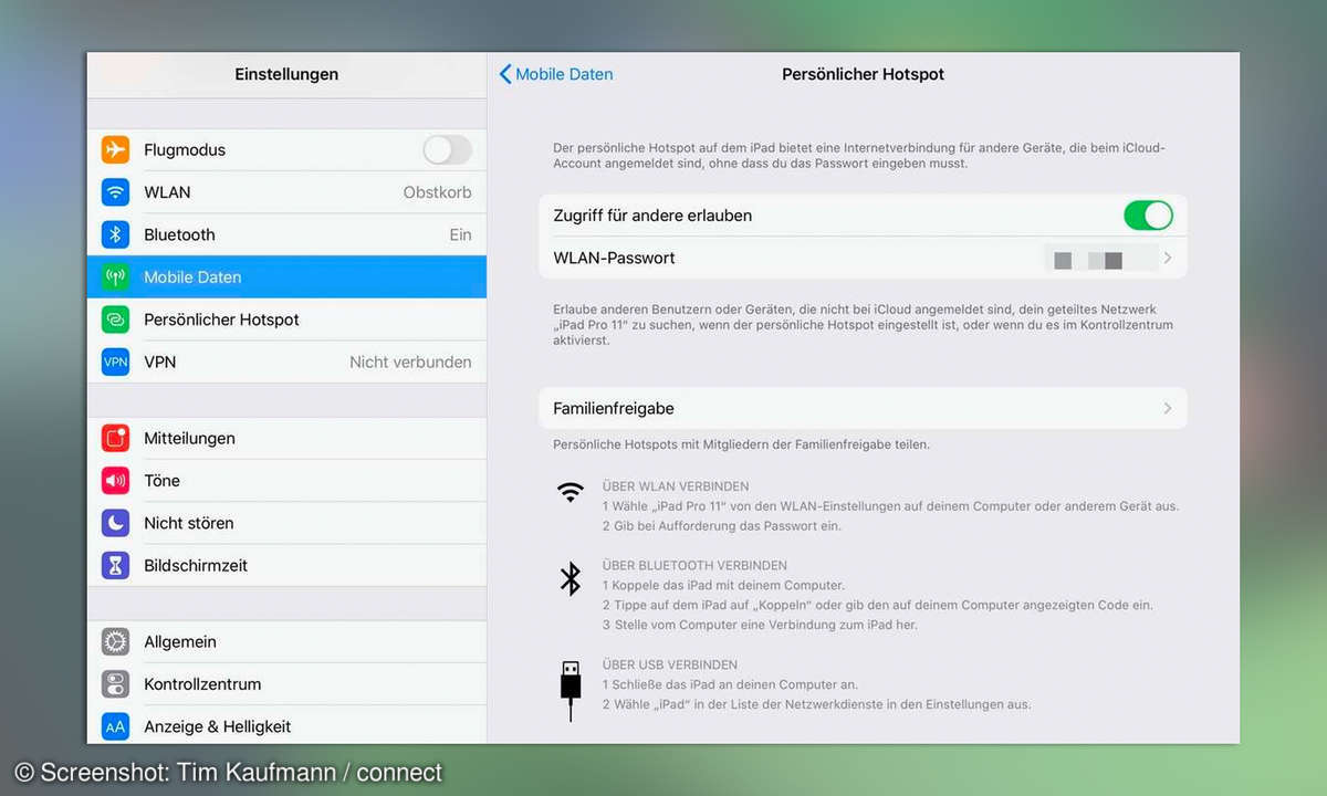 iPad einrichten: Internetverbindung mit Geräten teilen
