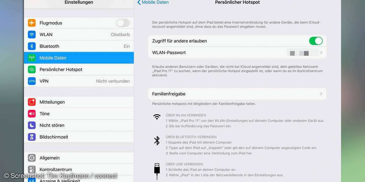 iPad einrichten: Internetverbindung mit Geräten teilen