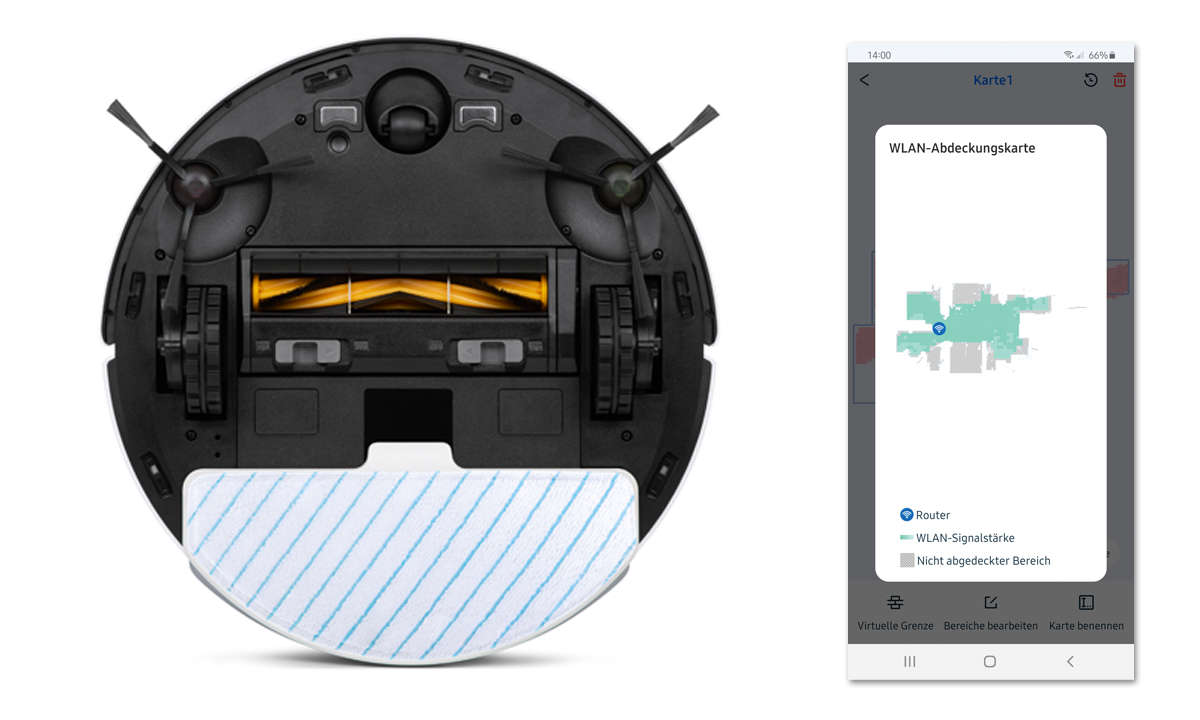 Ecovacs Deebot T9+ im Test: Ansicht von unten und Screenshot App