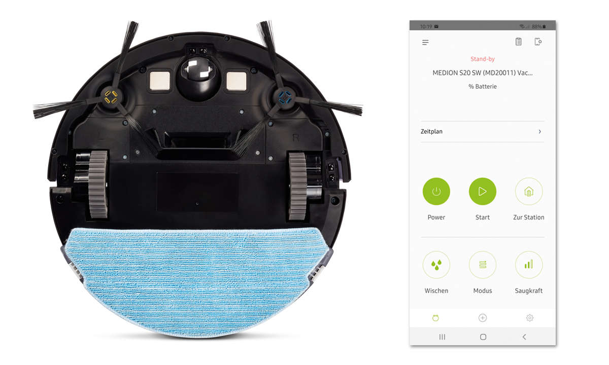 Medion Saugroboter S20 SW im Test: von unten & Screenshot App