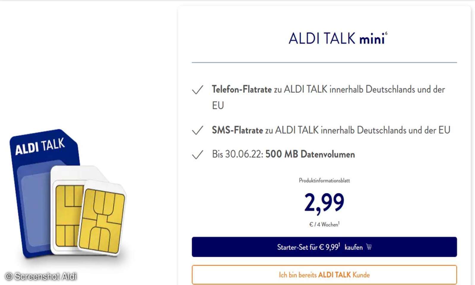 Aldi Talk MiniTarif für PrepaidKunden connect