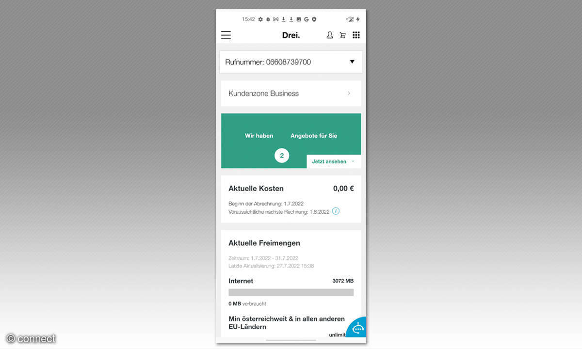 Service-App Test 2022 - Screenshots Drei Kundenzone