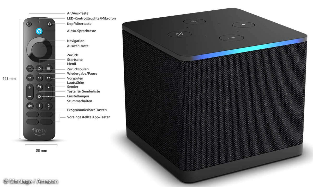 Der neue Fire TV Cube und die optionale, neue Pro-Fernbedienung.