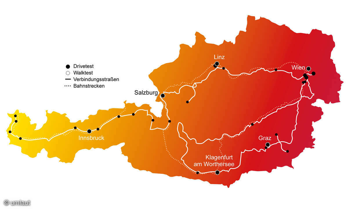 Mobilfunknetztest 2023 Karte von Österreich: Test-Route
