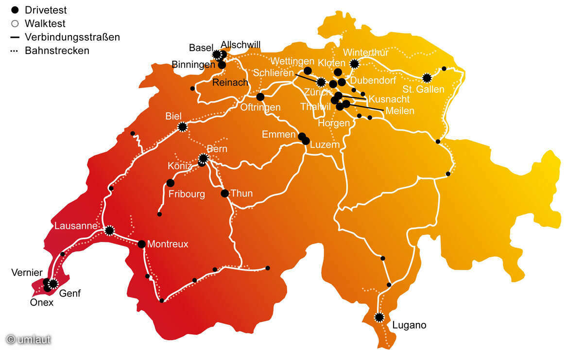 Mobilfunknetztest 2023 Karte der Schweiz: Test-Route