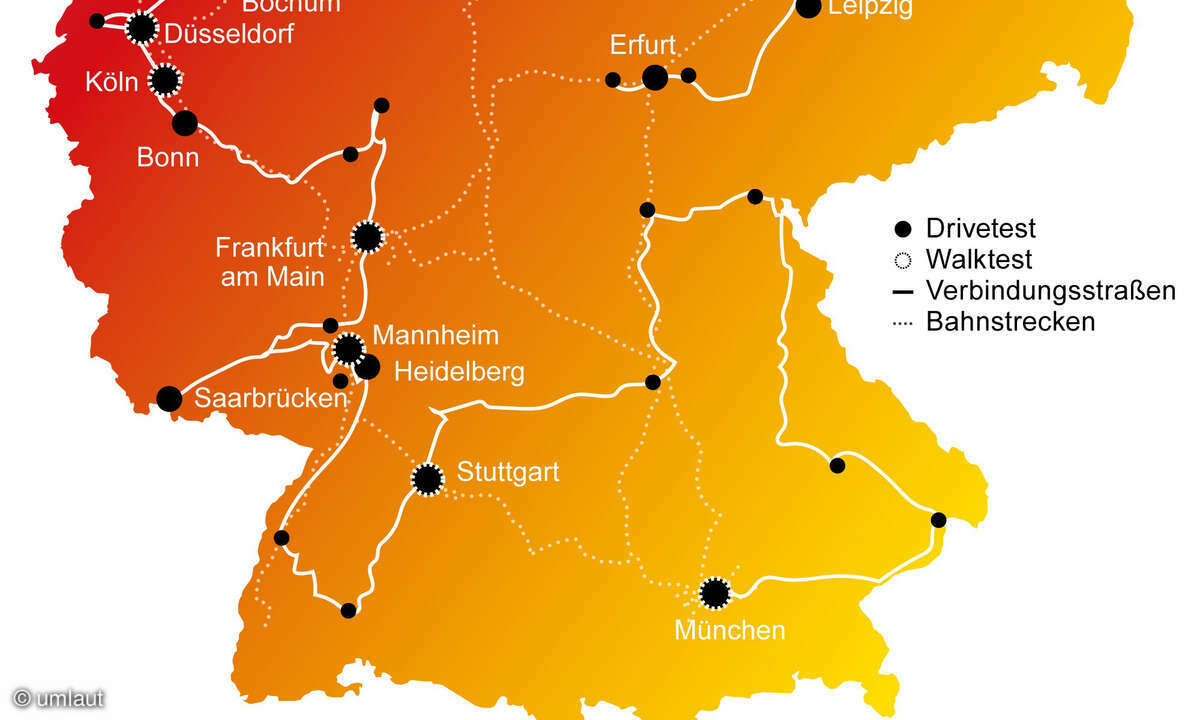 Mobilfunknetztest 2023 Karte von Deutschland (Mitte-Süden): Test-Route