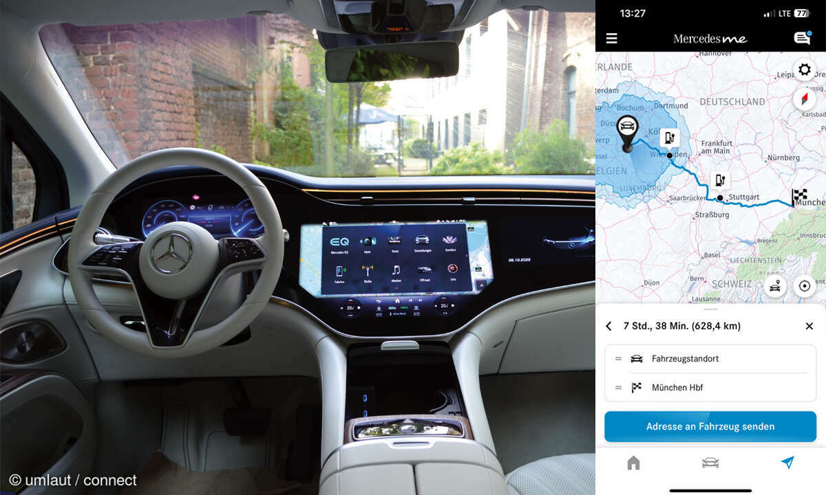 Mercedes-Benz EQS 580 4MATIC SUV im Test: Cockpit und App-Screesnshot