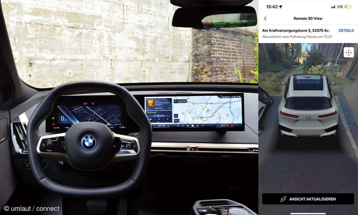 BMW iX xDrive50 im Test: Cockpit und App-Screenshot