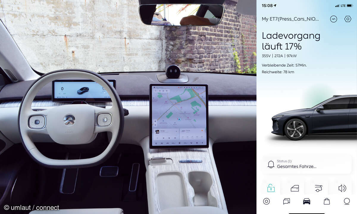 Nio ET7 im Test: Cockpit und App-Screenshot