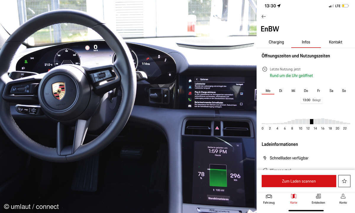 Porsche Taycan 4S Cross Turismo im Test: Cockpit und App-Screenshot