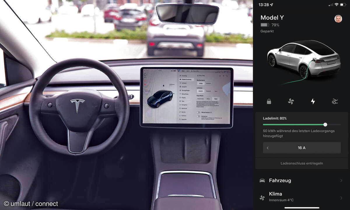 Tesla Model Y Dual Motor im Test: Cockpit und App-Screenshot