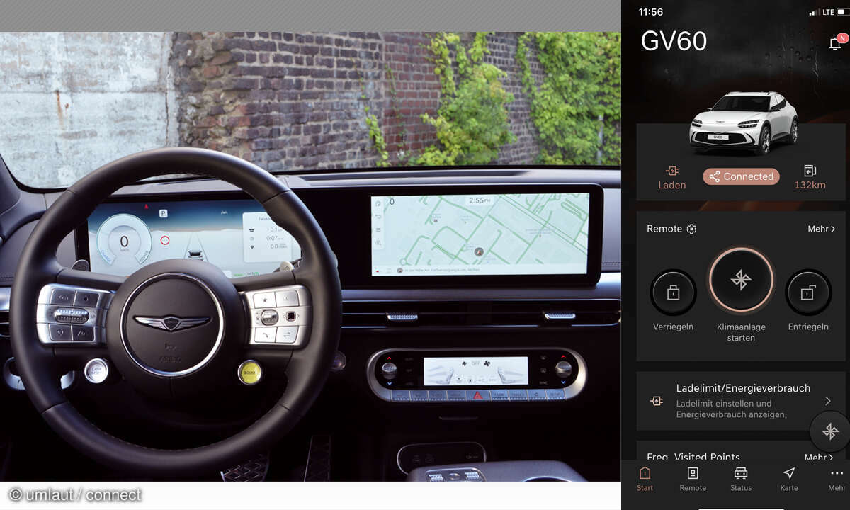 Genesis GV60 Sport Plus AWD im Test: Cockpit und App-Screenshot