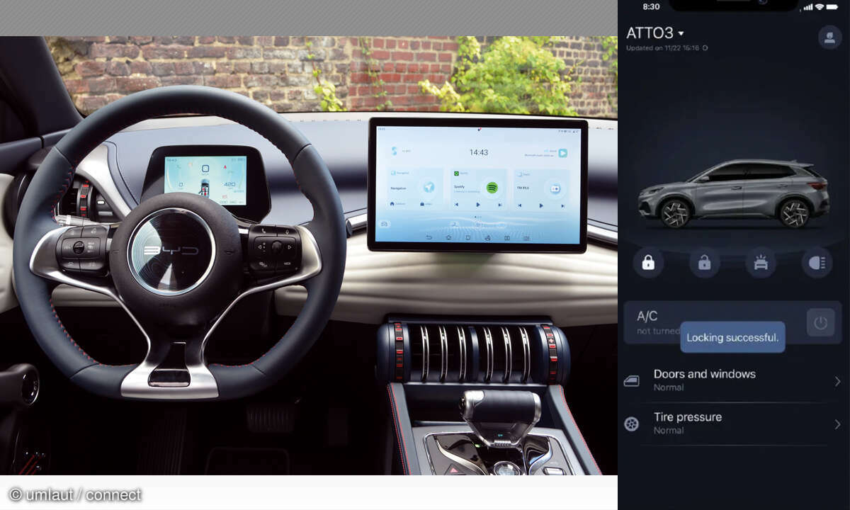 BYD Atto 3 Comfort im Test: Cockpit und App-Screenshot