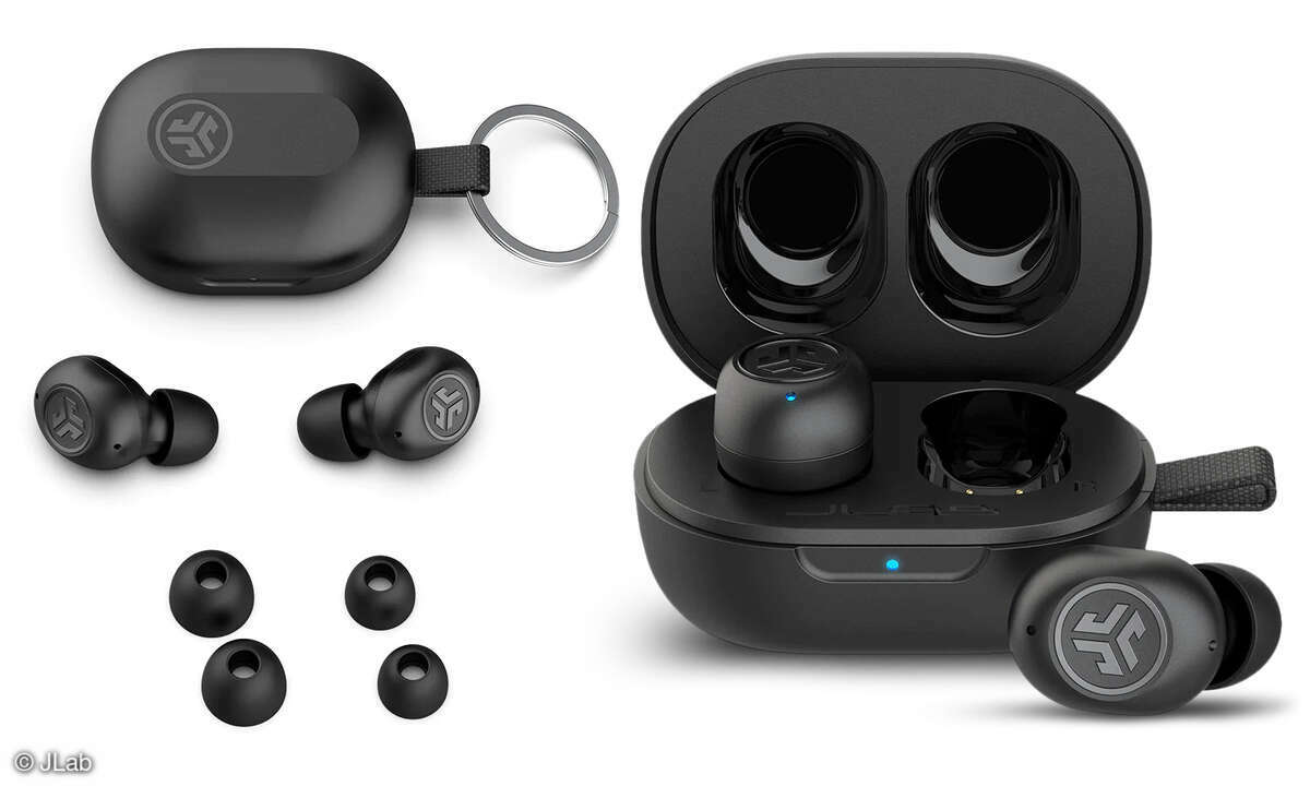 JLab JBuds Mini True-Wireless-Earbuds Black Front Eartips Ohrstöpsel