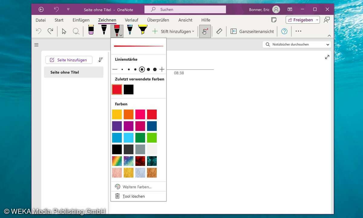 OneNote: Notizen per Hand einfügen, Linienstärke bestimmen.