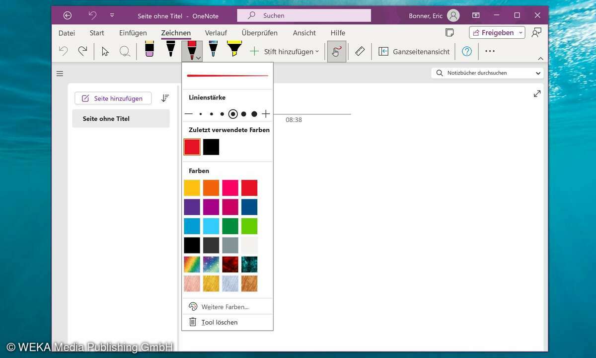 OneNote: Notizen per Hand einfügen, Linienstärke bestimmen. 