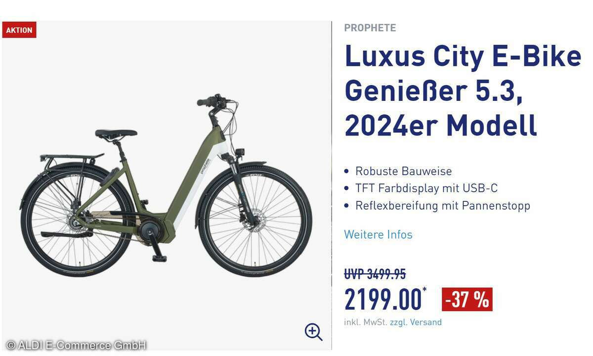 Aldi bietet das Luxus City E-Bike Genießer 5.3, 2024er Modell von Prophete über seinen Shop an.