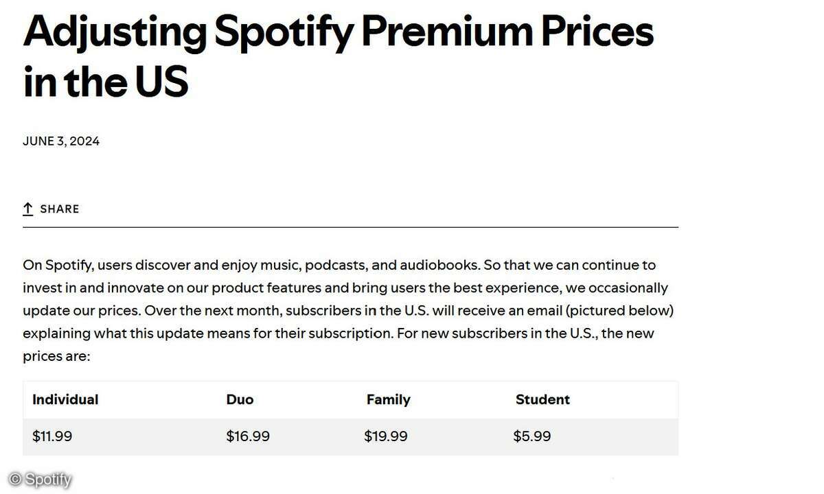 Spotify hat über seinen Newsroom angekündigt, dass es Nutzer in den USA per Mail über Preis-Erhöhungen benachrichtigen wird.