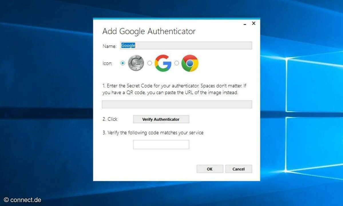Nach Eingabe eines Namens und Ihrem privaten Schlüssel können Sie auf der jeweiligen Webseite oder in einer App testen, ob der Code funktioniert.