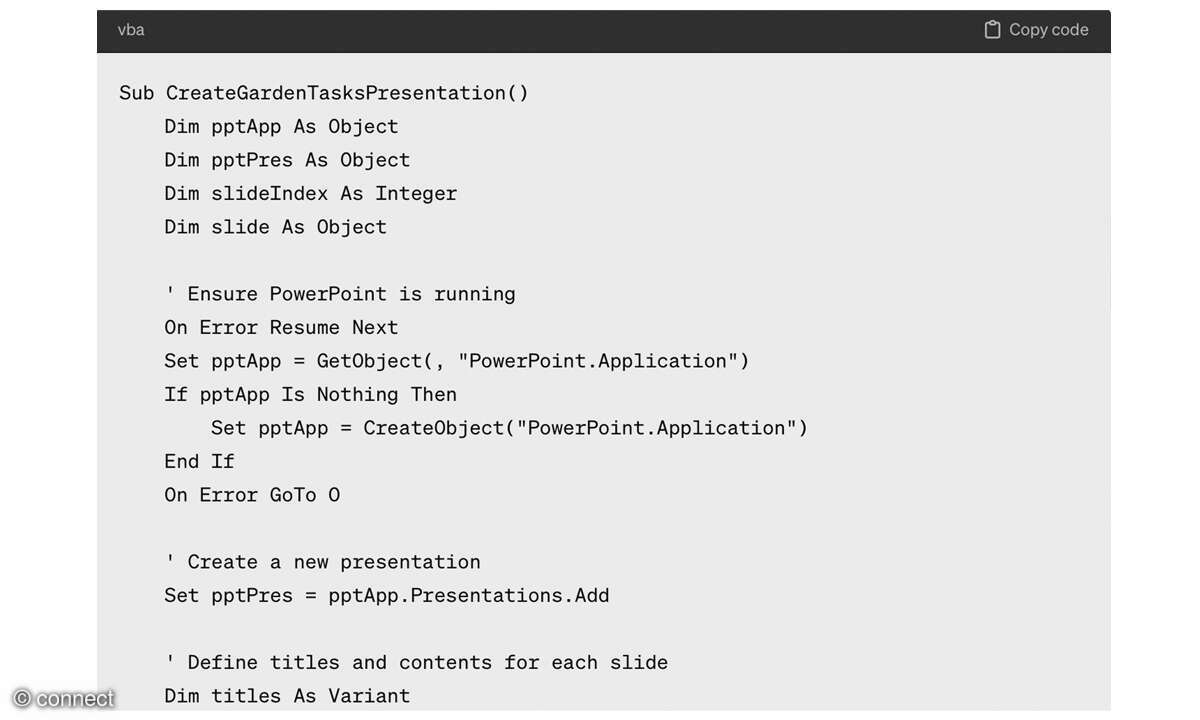 PowerPoint Präsentation mit ChatGPT erstellen: Screenshot Makro-Code von ChatGPT