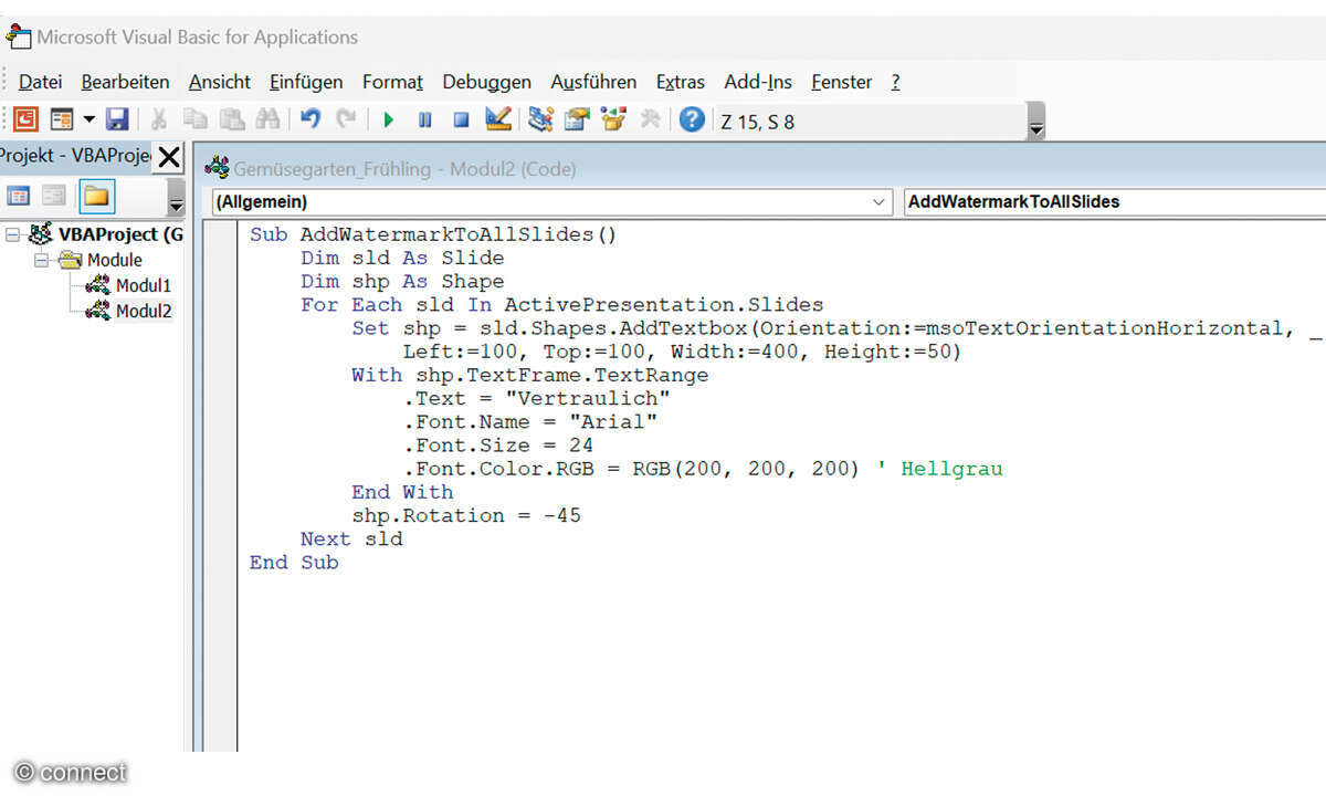 PowerPoint Präsentation mit ChatGPT erstellen: Screenshot Wasserzeichen Code