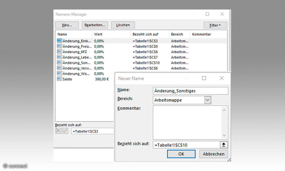 Excel Szenario-Manager: Screenshot 2 Namens-Manager
