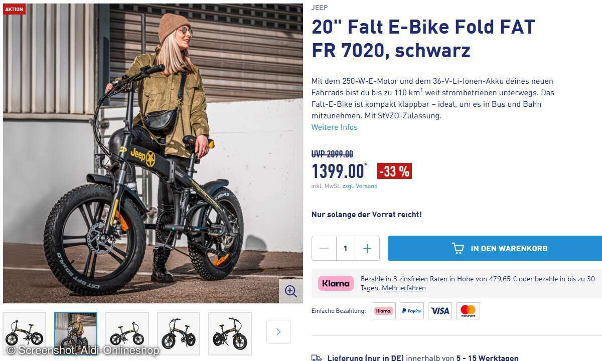 1400 statt 2100 Euro: Das E-Bike FR7020 von Jeep ist in einer Aldi-Aktion verfügbar.