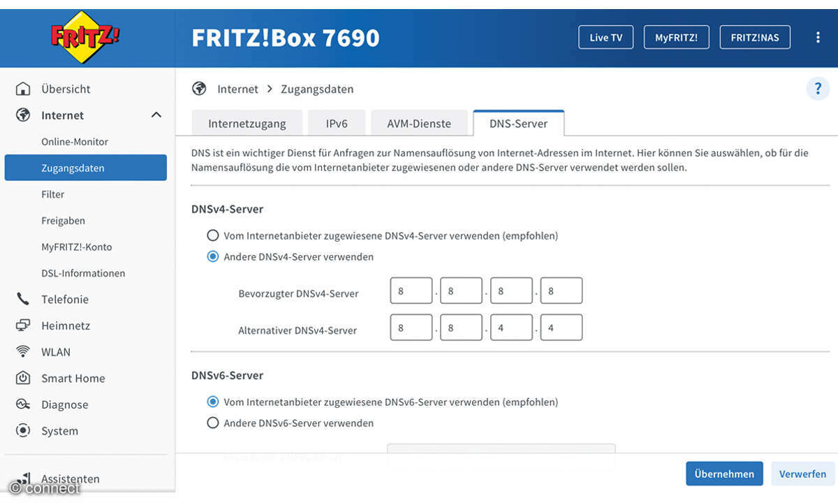 Fritz!Box Tipps: Screenshot DNS-Server ändern oder ergänzen