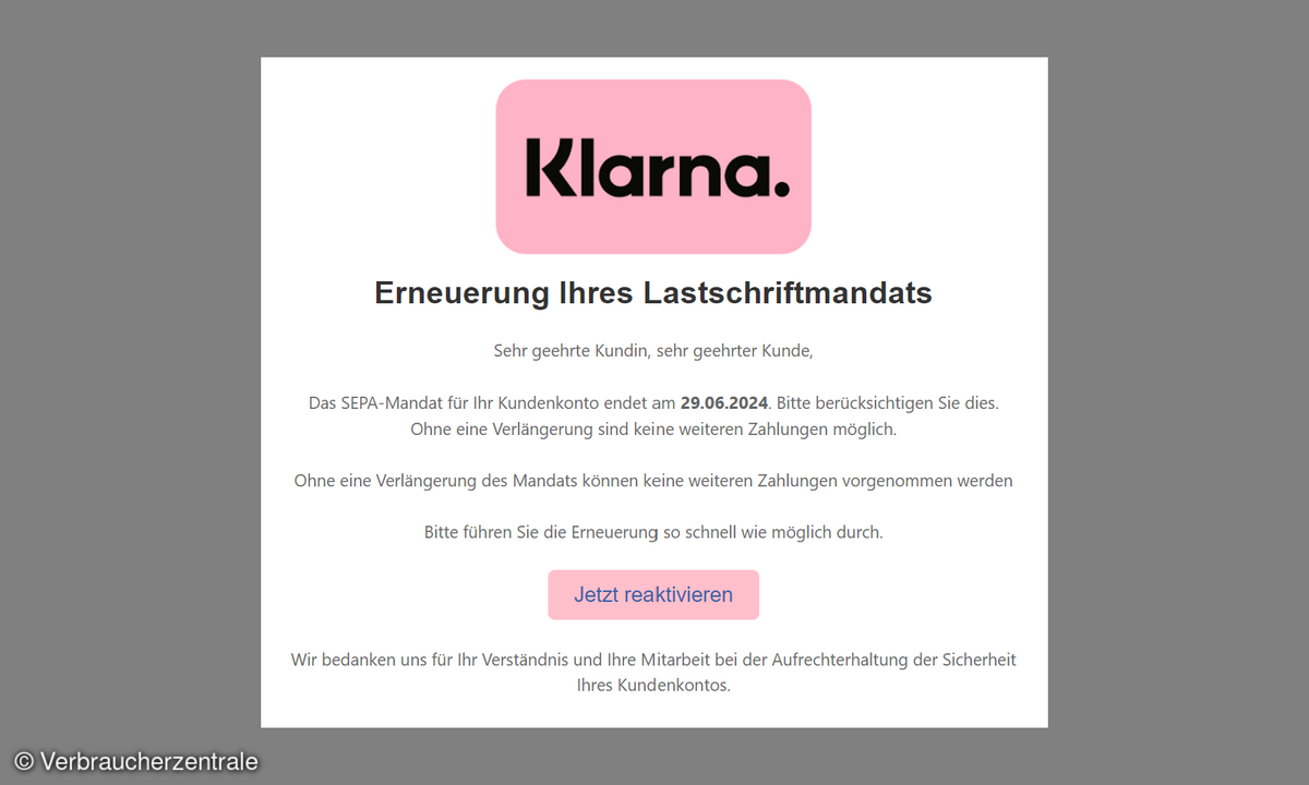 Phishing Mail Klarna SEPA-Lastschriftmandat erneuern